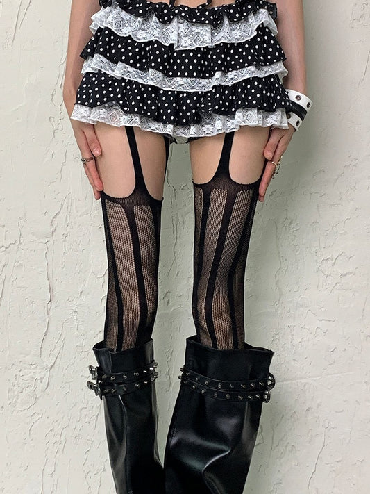 White/Black Y2K Striped Pattern Fishnet Suspender Tights