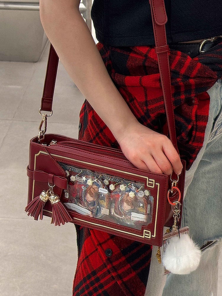 Wine Red PU Floral Pattern Cheongsam Style Ita Bag With Bow & Fringe Accent