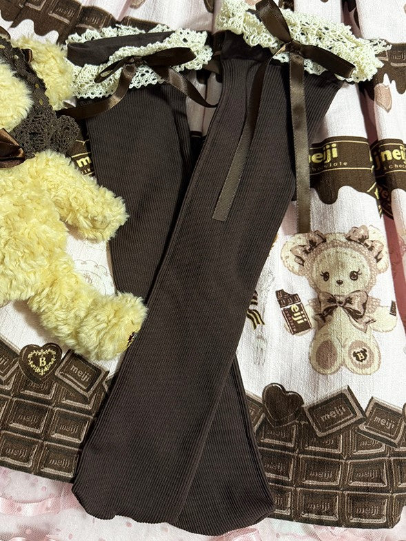 Brown/Black/White Lolita Bowknot Details Ruffled Cuff Lace Calf Socks