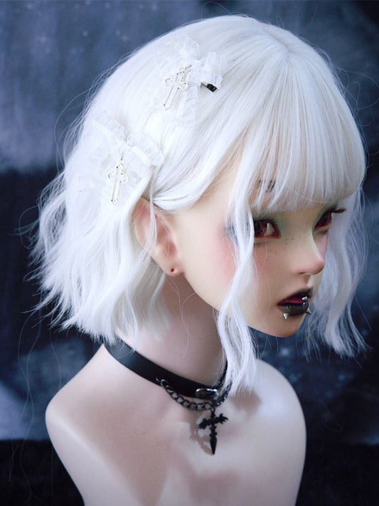 Gothic Cross Detail White Ruffled Bow Hairclips