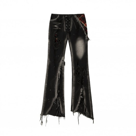 Black Split Cuffs Distressed Flared Jeans with Lace-up Design