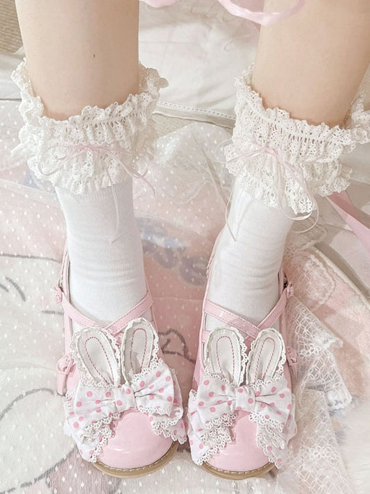 Pink&White Crisscross Design Bunny Ear Polka-dot Pattern Bow at Top Lolita Shoes