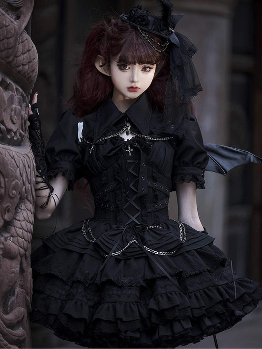 Clearance-Size M for Bust 96CM Black Gothic Chain Details Bolero