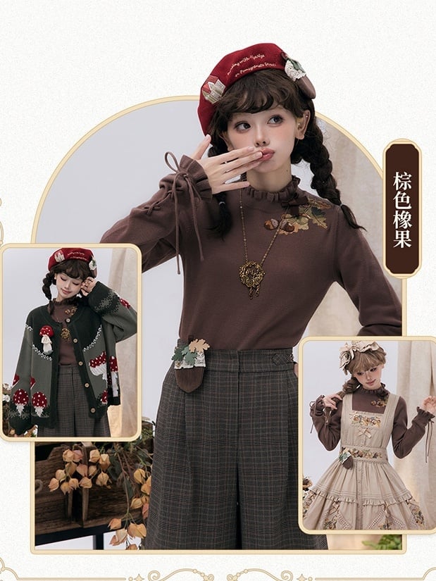 Pinecone Embroidery Neckline Lace-up Cuffs Brown Autumn Knit Top