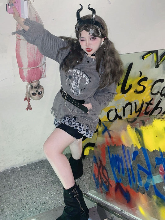 Plus Size Gray Kitty Sweater Distressed Holes