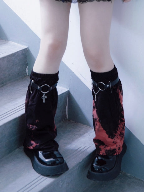 Gothic Black and Red Tie-dyed Asymmetrical Leg Warmers