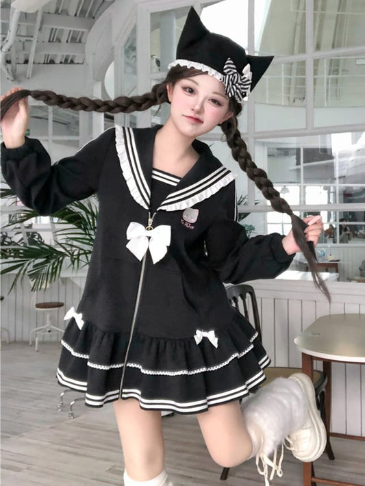 Jirai Kei Black Kitty Embroidery Sailor Collar Zip Closure Landmine Style Dress