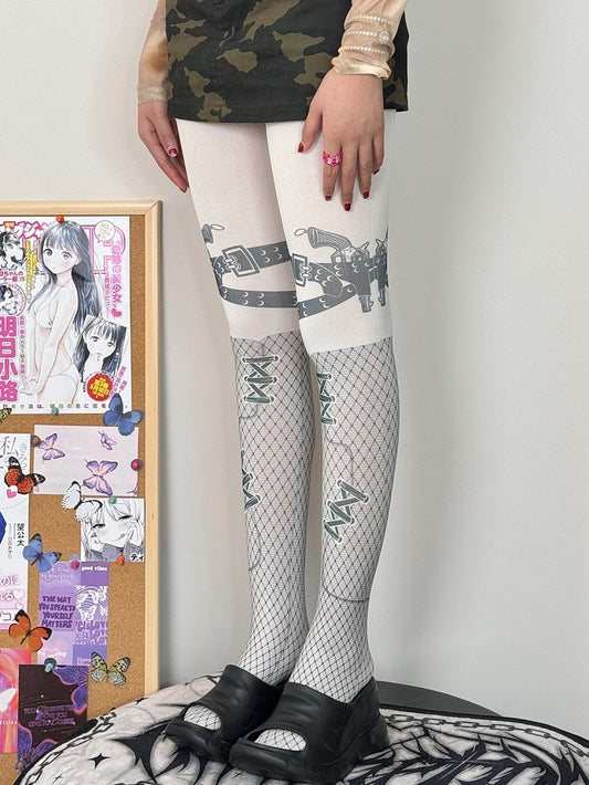 White&Gray Punk Print Design Tights