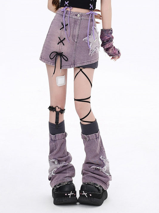 Star Applique Purple High Waist Denim Skirt with Free Leg Sleeves
