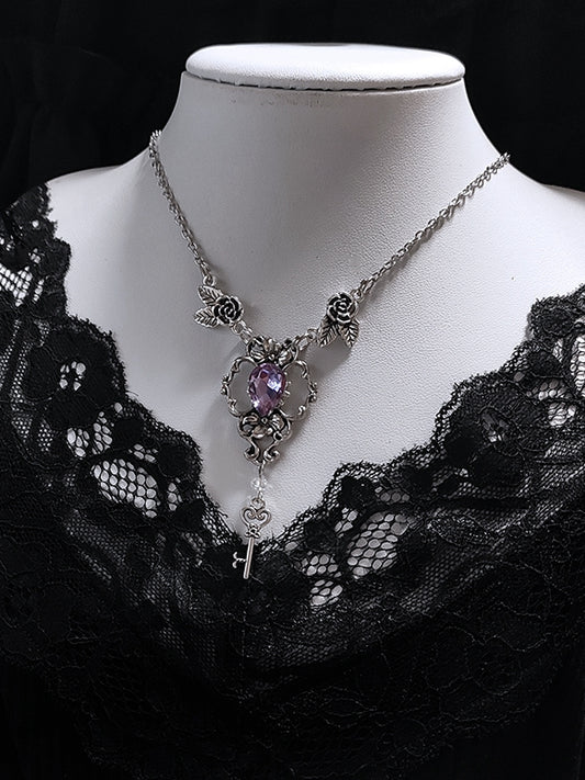 Purple Rhinestone and Key Pendant Gothic Silver Rosettes Necklace