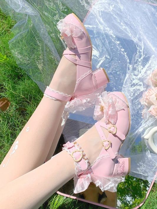 Light Pink Beaded Decorated Bow at Top Crisscross Design Lace Trim Sweet Lolita Shoes