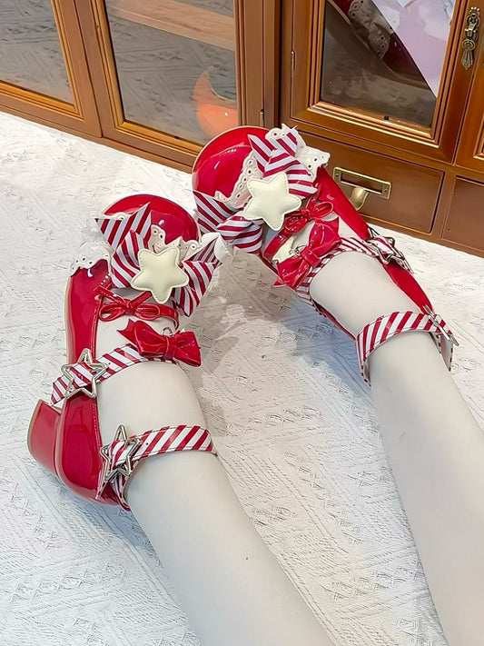 Red Striped Pattern Bowknot Details Star Buckle Straps Lolita Shoes