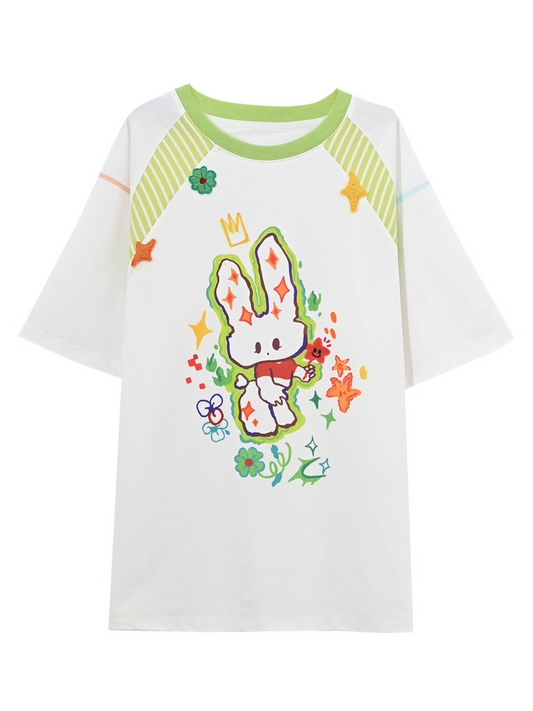 Cartoon Bunny Print White Round Neck Loose T-shirt