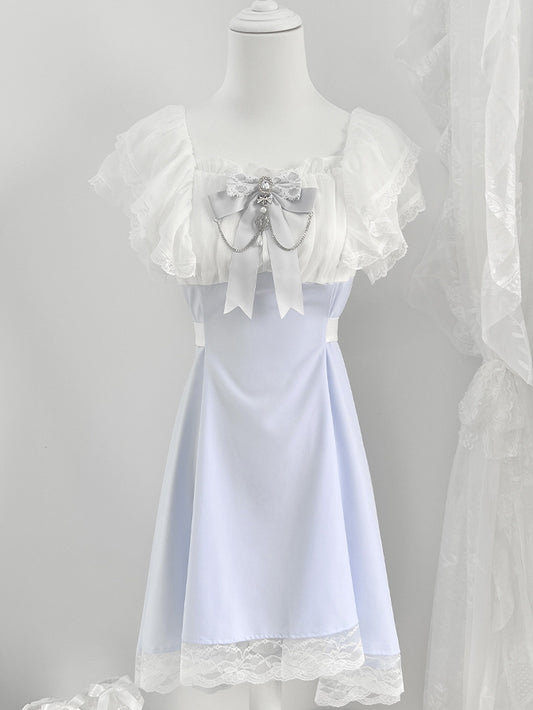 Jirai Kei Light Blue High Waist Lace Trim Dress with Chains Decorated Bowtie