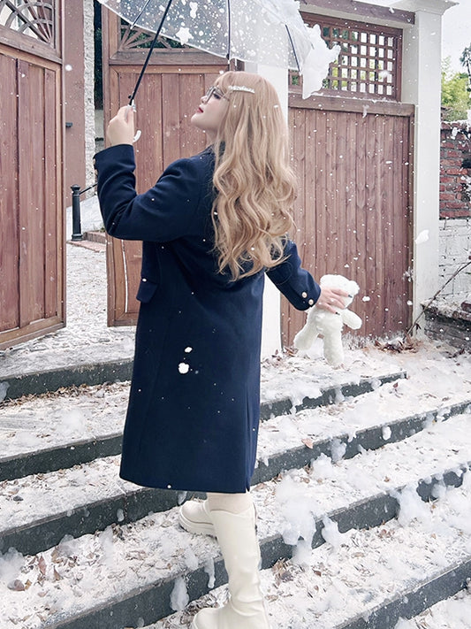 Plus Size Dark Blue Preppy Coat with Free Badge