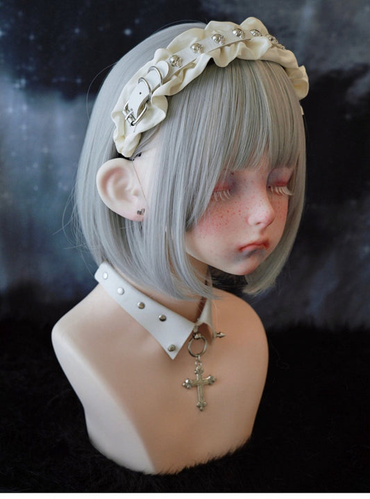 White Gothic Skeleton Studs PU Buckle Ruffled KC