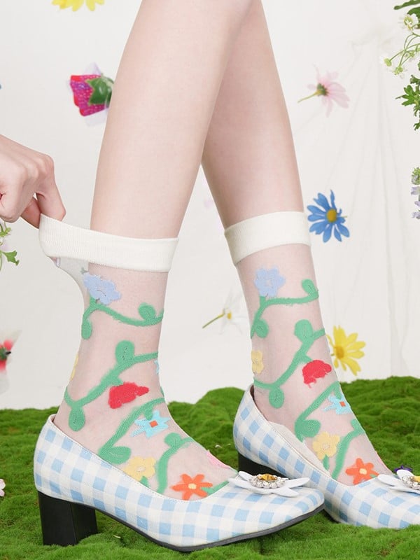 Pink/Blue/Beige Floral Pattern Semi-sheer Calf Socks