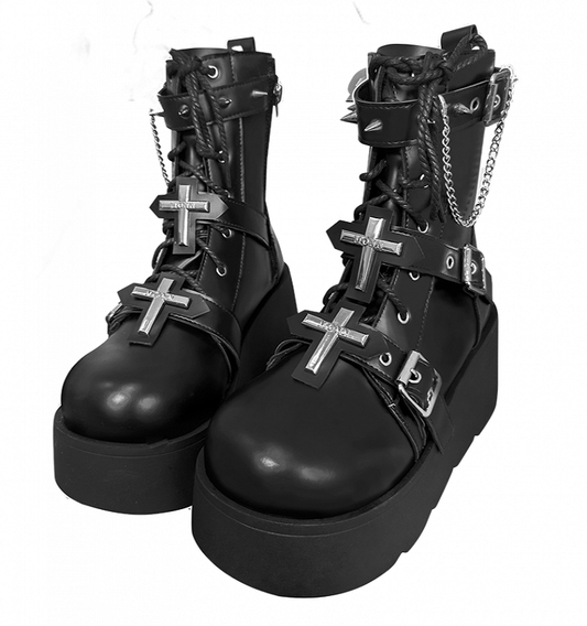 Crosses Black Gothic Platform Boots Spike Studs Punk Boots