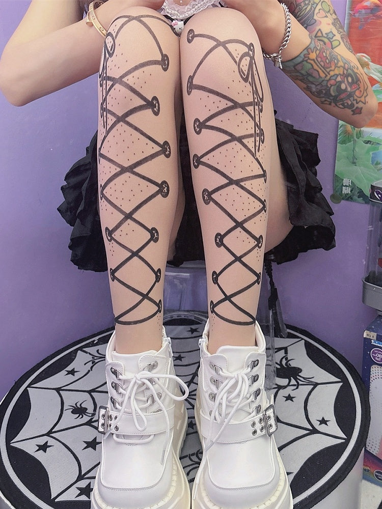 Nude Y2K Lace-up Straps Print Tights