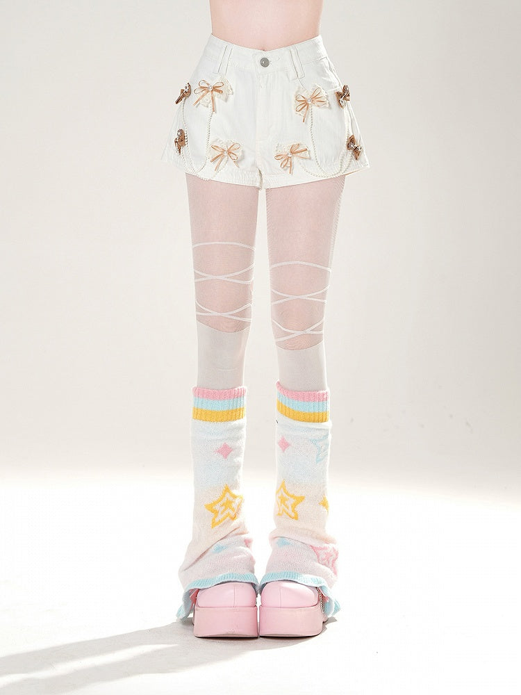 Dark Gray/White/Pink Bowknots Embellished Shorts with Beaded Chains