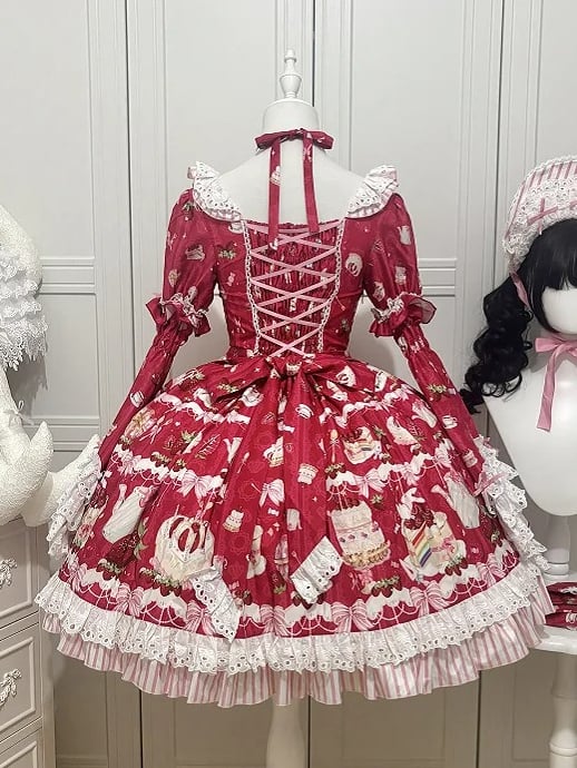 Strawberry Cake Print Red Sweet Lolita Short Sleeves Dress with Detachable Bell Sleeves