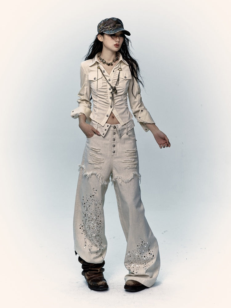 Apricot Wide-Leg Distressed Jeans with Rhinestone Details