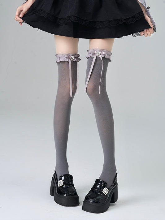 White/Grey/Black Jirai Kei Heart-shaped Rhinestone Bowknot Ruffled Cuff Overknee Stockings