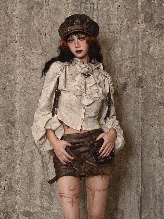 Ruffle Neckline Apricot Steampunk Balloon Sleeves Shirt
