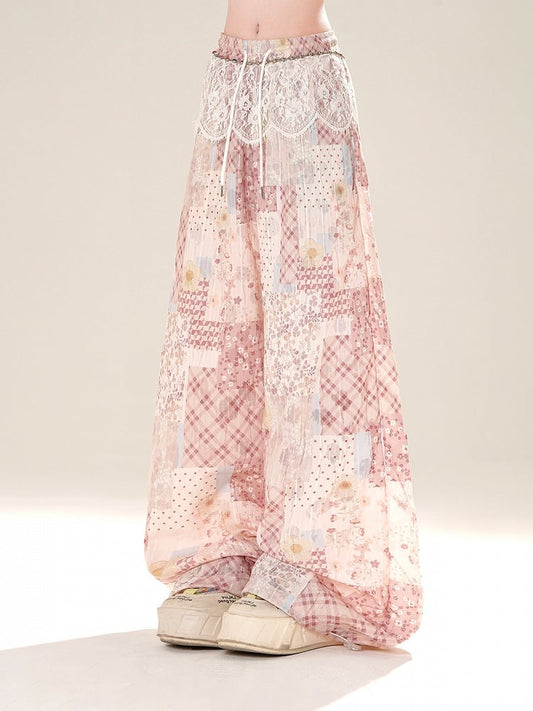 Pink Patchwork Design Elastic Waist Wide-leg Casual Pants with Lace Waist Accessory