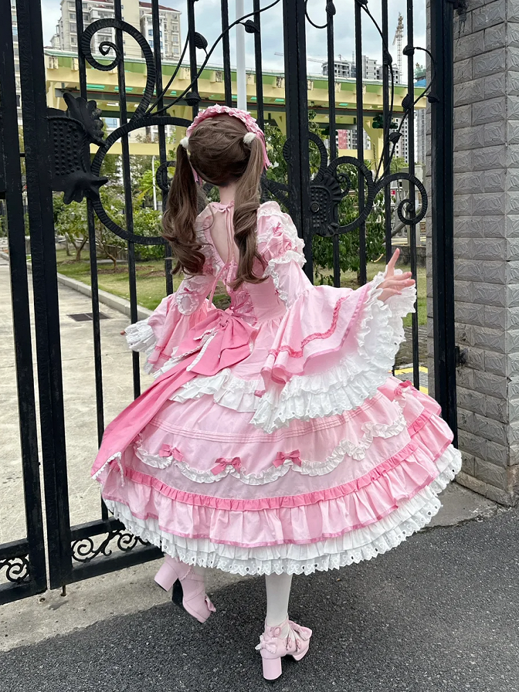 Clearance-Size M for Bust 88-103CM Pink Gorgeous Old School Princess Lolita Cotton Dress+ Sleeves