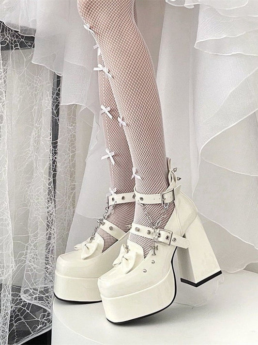 Spike Studs White Platform Block High Heels Punk Goth Shoes