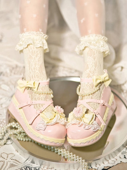 Pink Floral Design Bow at Top Lace Trim Heart Buckle Platforms With Detachable Beaded Chain