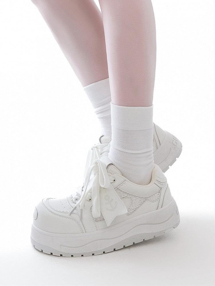 White Anchor And Fish Bone Decorated Front Lace-up Ties Platform Sneakers