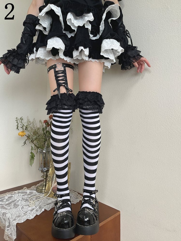 Black and White Striped Lace Trim Gothic Overknee Stockings