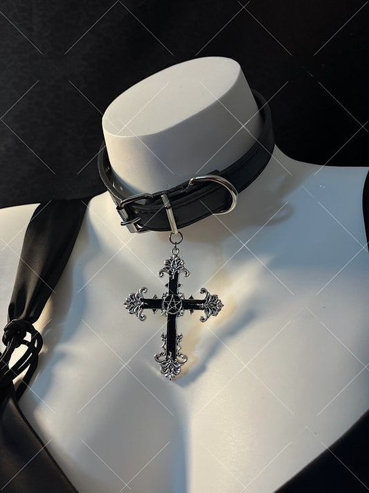 Cross Pendant Black Gothic Punk PU Choker