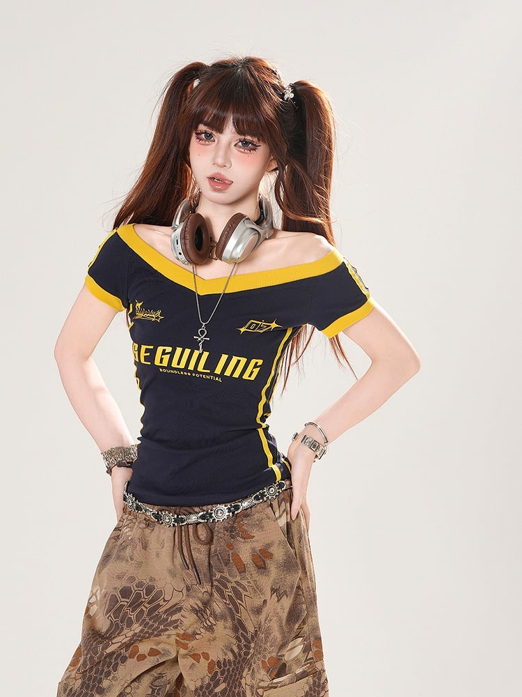 Navy Blue/Army Green Off-the-shoulder Neckline Letter Print T-shirt