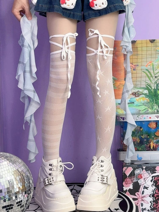 Black/White Y2K Asymmetrical Design Star And Striped Pattern Over-knee Stockings