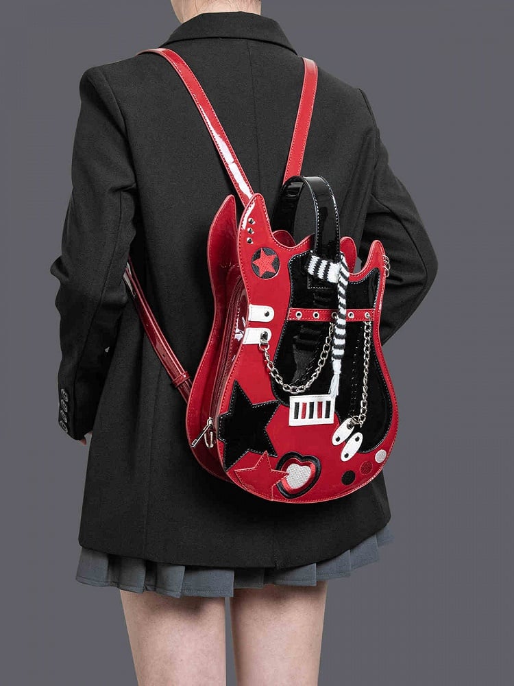 Red & Black Star Design Sweetheart Embroidered Guitar-shaped Bag