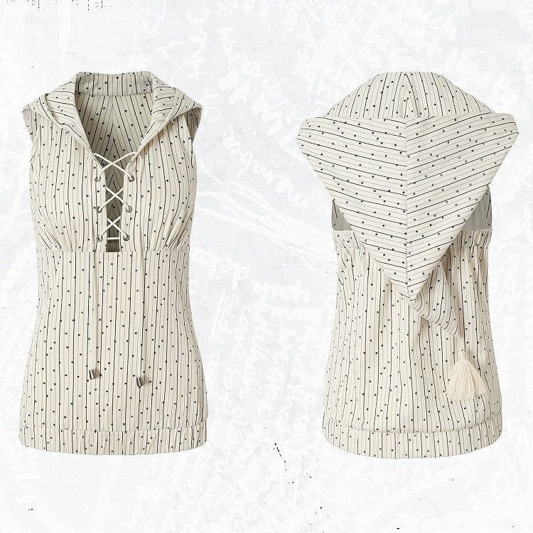 White Striped Pattern Star Print Lace-up Detail Hoodie Sleeveless Top