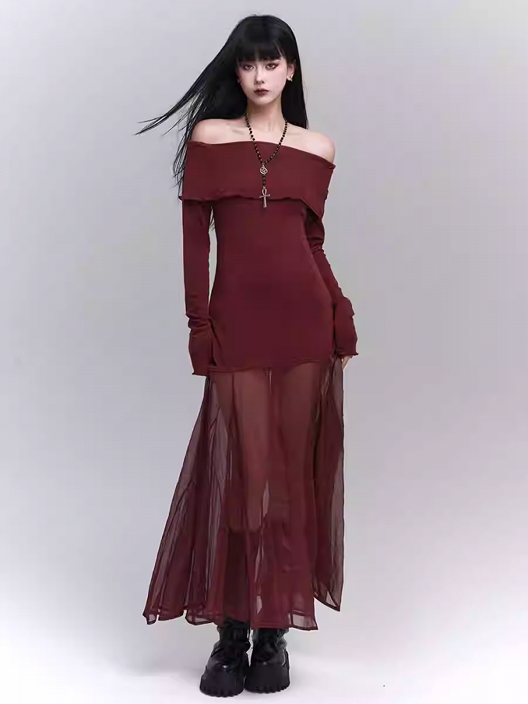 Wine Red Semi-sheer Off-the-shoulder Neckline Glamorous Dress