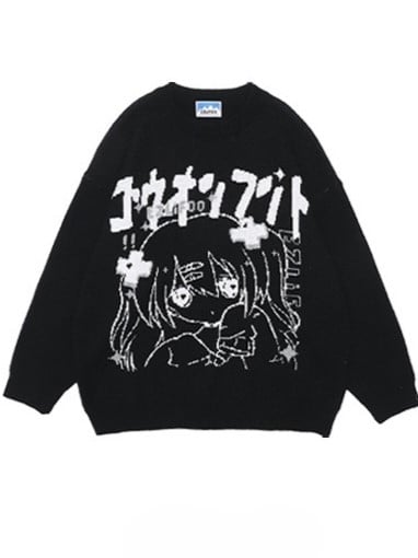 Black Jira Kei Sweater with Detachable Sailor Collar and Cartoon Girl Design