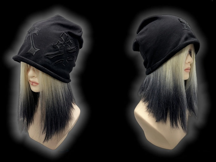 Y2K Black Gothic Cross Appliques Slouchy Beanie