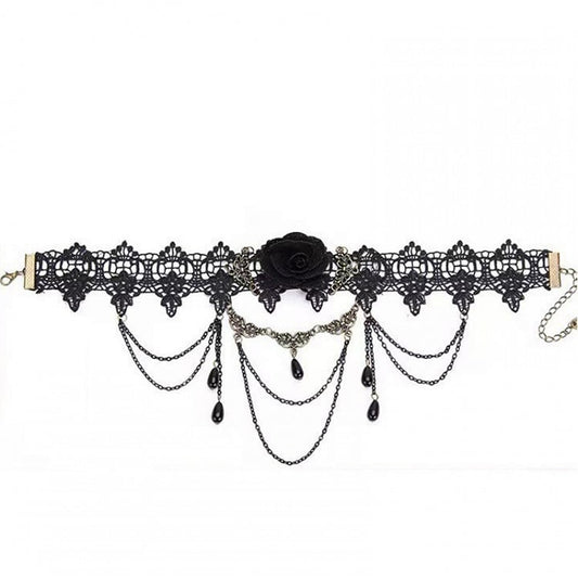 Gothic Black Chain Design Rosette Lace Choker
