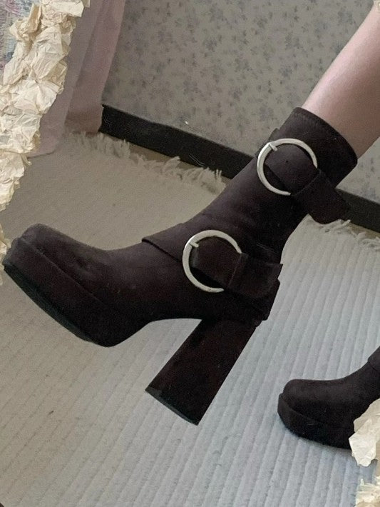 Buckle Details & Inner Zip Closure Square Toe Brown Mid-calf Boots with Platform High Block Heel