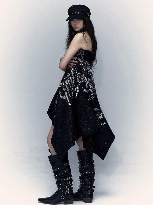 Lace-up Detail Letters Print Black Buckle Strap Design Punk Rock Strapless Dress