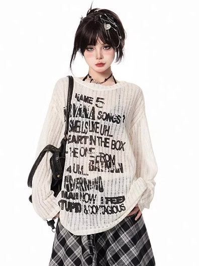 Vintage Letter Print Black/Apricot Round Neck Semi-sheer Coverup