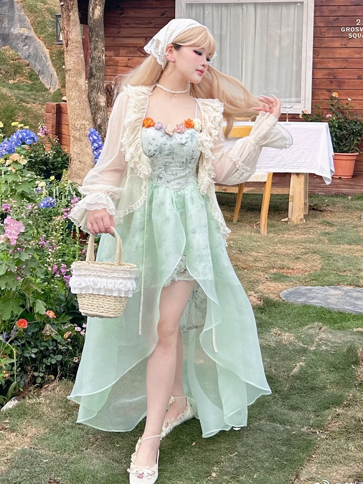 Plus Size Basque Waist Green Summer Floral Dress High-low Skirt