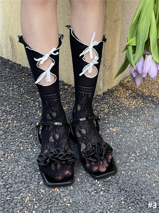 5 Color Options Bowknot Details Cut-Out Design Calf Socks