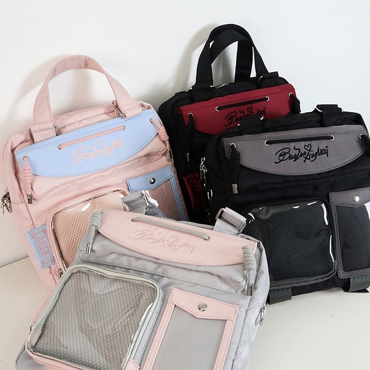 Gray & Pink Letters Embroidery Ita Bag