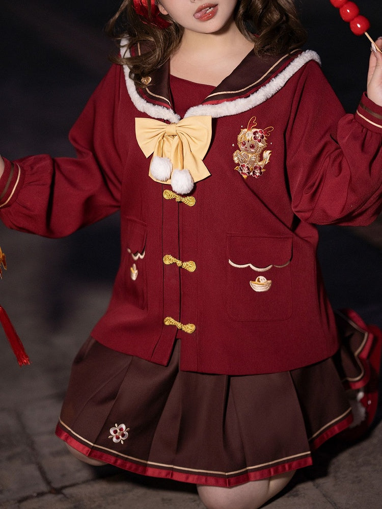 Plus Size New Year Dragon Embroidery Red Sailor Collar Top